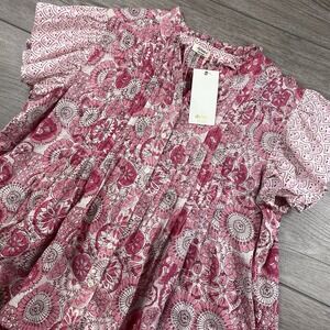 Dylan Women's Pin-Tuck Short Sleeve Top Floral Maeve Pink White XL New